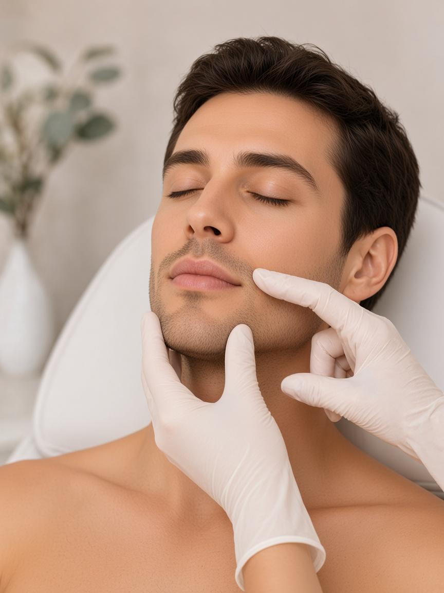 Masseter botoks öncesi çene kası (masseter) değerlendirmesi yapılan erkek danışan