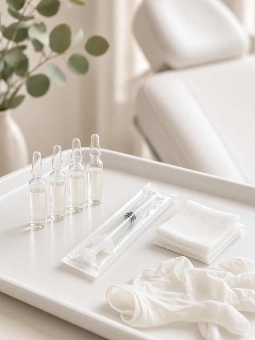 Mezoterapi için steril tepside serum ampulleri ve enjektör